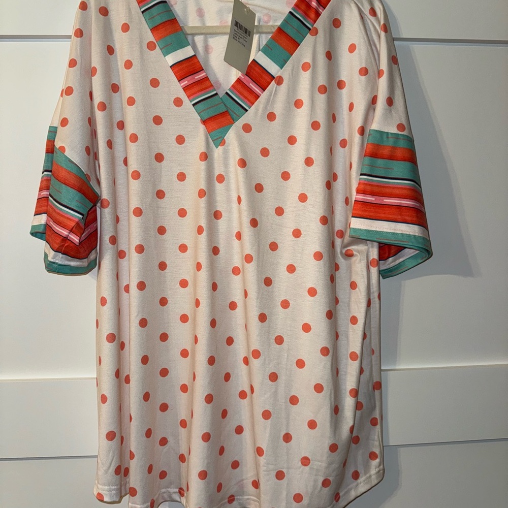 Southern Stitch  Polka Dot V-Neck Top with Striped Sleeves